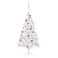 vidaXL Osvetlený umelý vianočný stromček s guľami, biely 120 cm, PVC