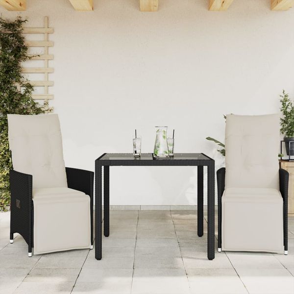 vidaXL 3-dielna bistro súprava s vankúšmi čierna polyratanová