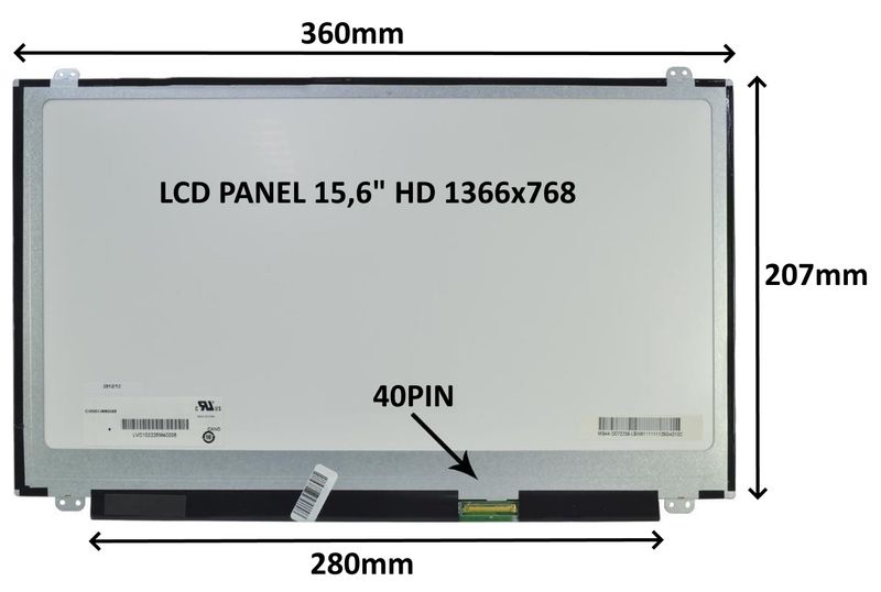 LCD PANEL 15,6'' HD 1366x768 40PIN LESKLÝ / ÚCHYTY HORE A DOLE