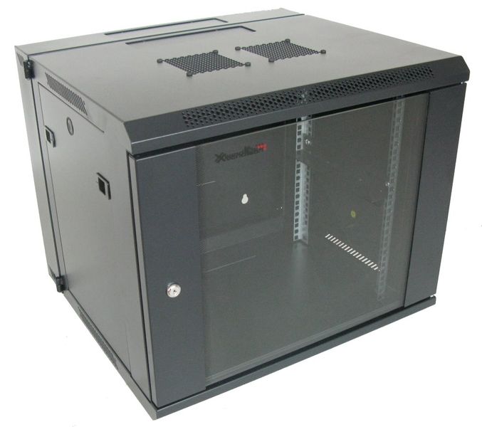 XtendLan 9U/600x550, na zeď, dvoudílný, skleněné dveře Rozvadec, 19", na stenu, dvoudílný, výška 9U, 600 x 550, sklenené dvere, cerný