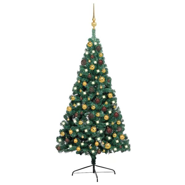 vidaXL Osvetlený umelý polovičný vianočný stromček+gule, zelený 120 cm