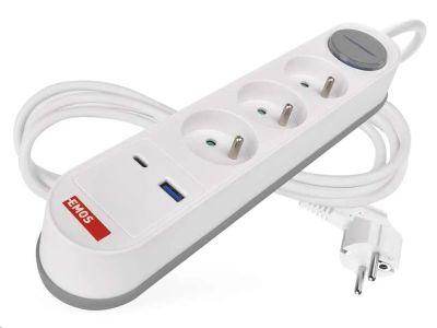Prodlužovací kabel EMOS P1312FC / 2 m / 3 zásuvky / s vypínačem / bílý / 1×USB-A + 1×USB-C / 1,5 mm2