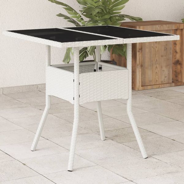 vidaXL Záhradný stôl so sklenenou doskou biely 80x80x75 cm polyratan