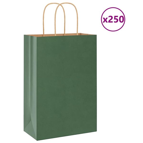 vidaXL Papierové tašky 250 ks s rúčkami, zelené, 21x11x31 cm