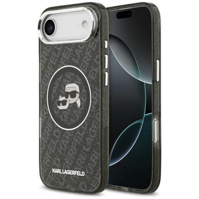 Karl Lagerfeld puzdro Magsafe IML trblietavé puzdro s kovovým rámom fotoaparátu a tlačidlami, s hlavami Karla a Choupette na opakujúcom sa logu KL pre iPhone 17 Air čierne