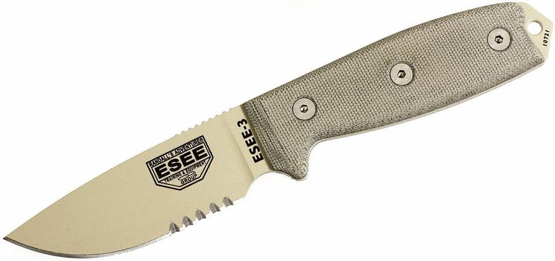 ESEE-3S-DT Serrated univerzálny nôž 9,8 cm, piesková hnedá, pripínacie plastové puzdro zelené