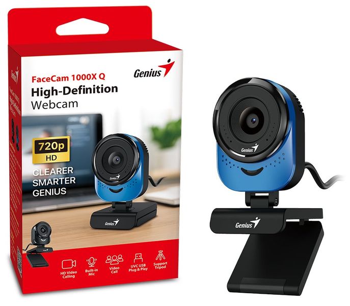 GENIUS FaceCam 1000X Q Blue/ 720p HD/ 360° rotácia/ 90° náklon/ USB 2.0/ UVC/ mikrofón/ modrá Webkamera, HD 720p, mikrofón, USB 2.0, modro-čierna