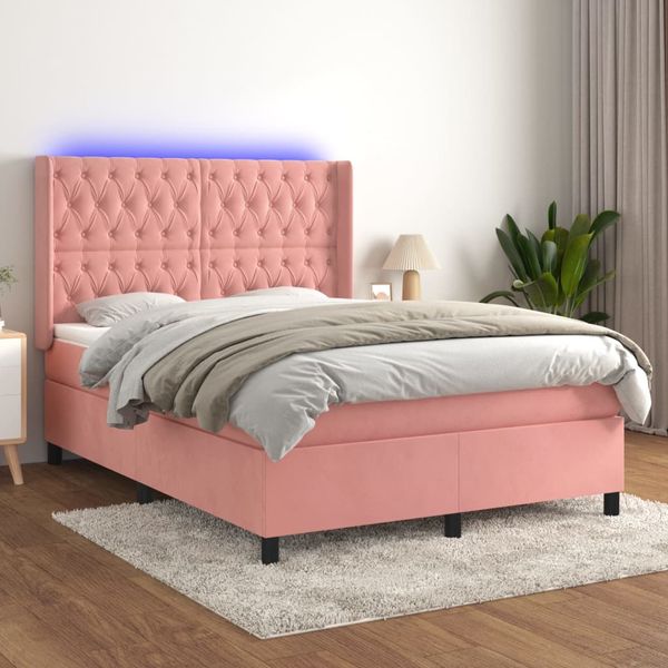 vidaXL Posteľný rám boxsping s matracom a LED ružový 140x190 cm zamat