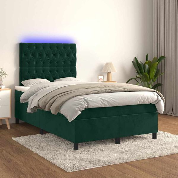 vidaXL Posteľný rám boxsping matrac a LED tmavozelený 120x200 cm zamat