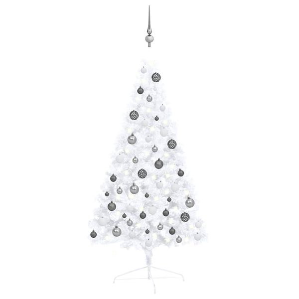 vidaXL Osvetlený umelý polovičný vianočný stromček+gule, biely 120 cm