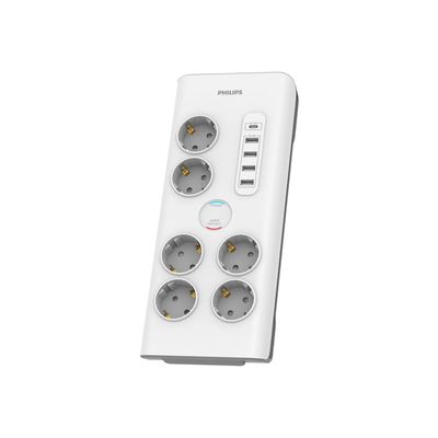 Anti-surge power strip PHILIPS extension cord 6 Schuko sockets + 6xUSB-A + 1xUSB-C 2m 16A white