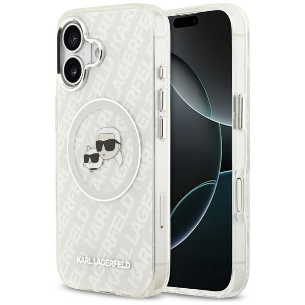 Puzdro Karl Lagerfeld Magsafe IML trblietavé puzdro s kovovým rámom a tlačidlami, hlavy Karla a Choupette na opakovanom logu KL pre iPhone 17 sivá