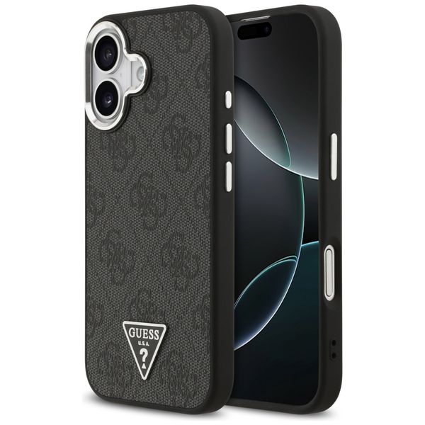 Puzdro Guess Case Magsafe 4G PU Leather Case s trojuholníkovým logom a strieborným kovovým rámom fotoaparátu pre iPhone 17 čierna