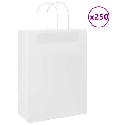 vidaXL Papierové tašky 250 ks s rúčkami, biele, 26x12x35 cm