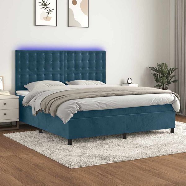 vidaXL Posteľný rám boxsping matrac a LED tmavomodrý 180x200 cm zamat