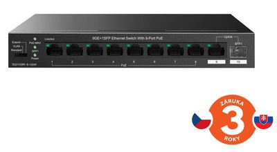 Tenda TEG1110PF-8-120W PoE+ AT switch 8xPoE 802.3af/at + Uplink RJ45 + SFP port, 110W, PoE+, fanless