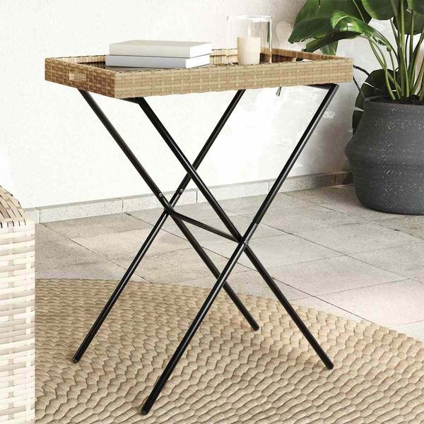 vidaXL Skladací stolík s podnosom béžový 65x40x75 cm polyratan