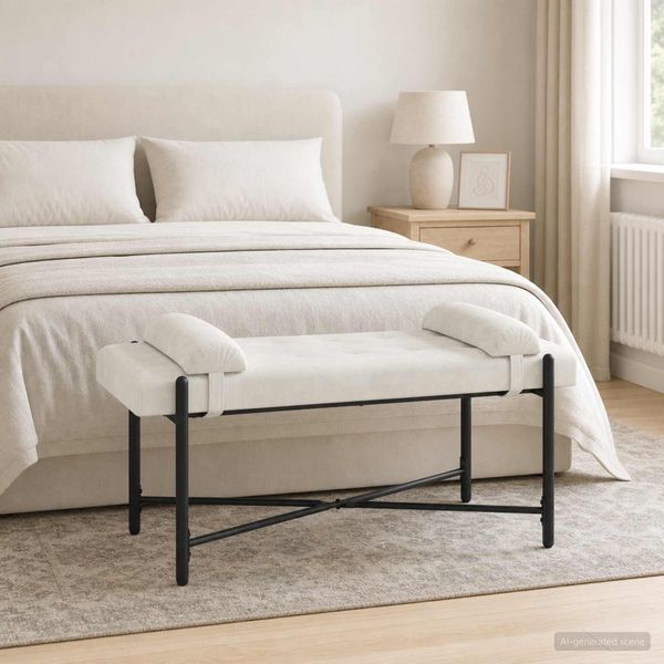 vidaXL Lavica s gombíkmi a vankúšmi Krémová 110 x 40 x 46 cm Zamat