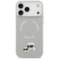 Obal Karl Lagerfeld Magsafe PU s kolíkmi hláv Karl&Choupette, logom a kovovými tlačidlami fotoaparátu pre iPhone 17 Pro sivý