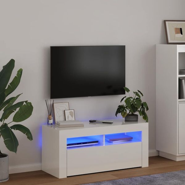 vidaXL TV skrinka s LED svetlami lesklá biela 90x35x40 cm