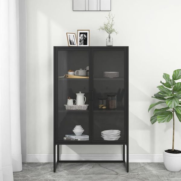 vidaXL Vysoká skrinka čierna 80x35x135 cm oceľ a tvrdené sklo