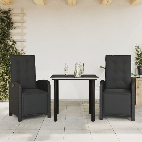 vidaXL 3-dielna bistro súprava s vankúšmi čierna polyratanová