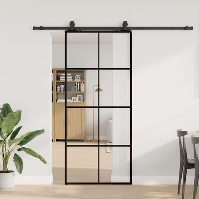 vidaXL Posuvné dvere s kovaním čierne 90x205 cm ESG sklo
