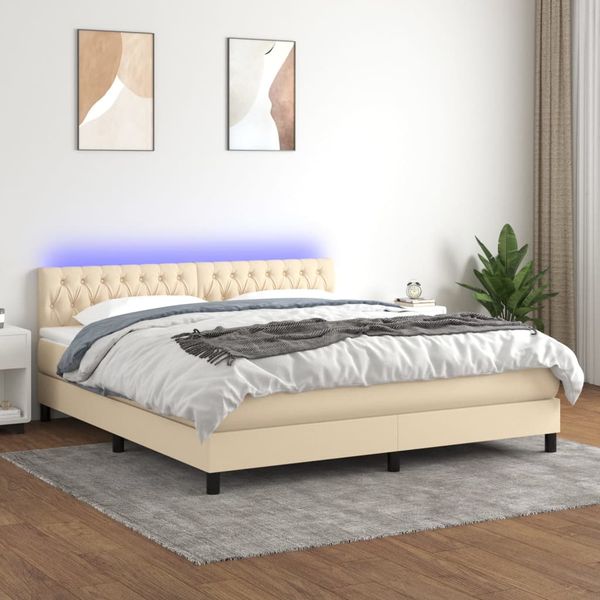 vidaXL Posteľ boxsping s matracom a LED krémová 180x200 cm látka