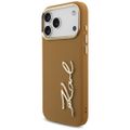Puzdro Karl Lagerfeld z PU kože s logom Karl script a kovovými tlačidlami fotoaparátu pre iPhone 17 Pro Max hnedá