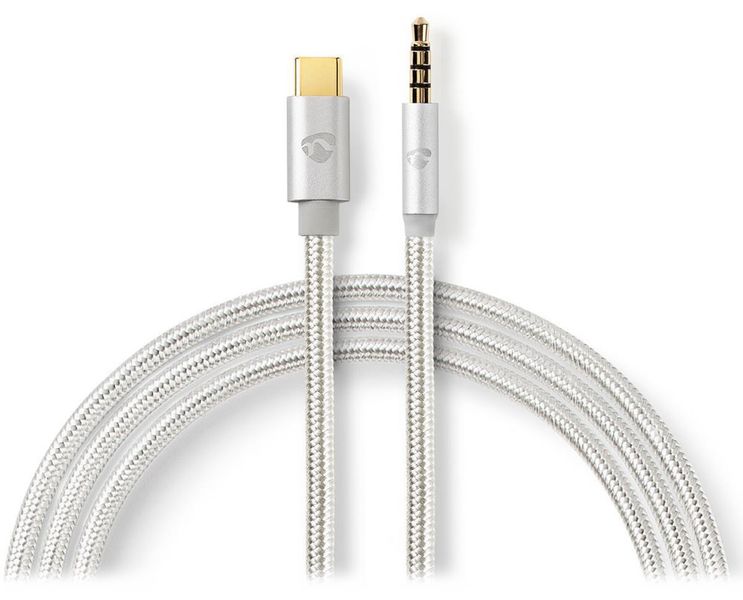 Nedis CCTB65940AL10 - USB-C Sluchátkový Kabel s Adaptérem | USB-C Zástrčka – 3,5 mm Zástrčka | 1 m | Hliníkový Kabel, audio, USB 2.0, zástrčka USB-C, zástrčka 3,5mm jack, nylon, stříbrný, 1m