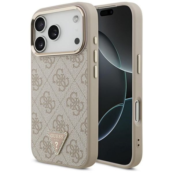 Puzdro Guess Case Magsafe 4G PU Leather s trojuholníkovým logom a zlatým kovovým rámom fotoaparátu pre iPhone 17 Pro ružové