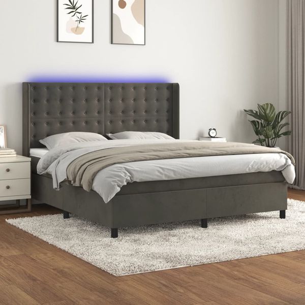 vidaXL Posteľ boxsping s matracom a LED tmavosivá 180x200 cm zamat