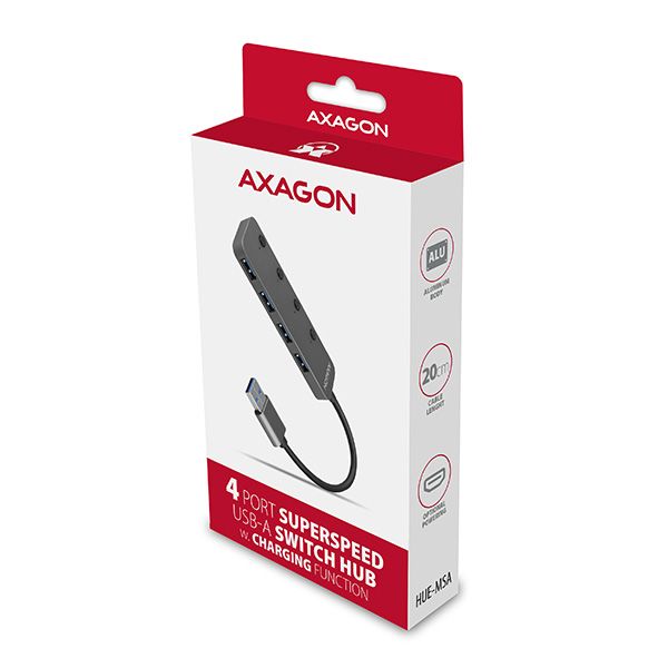 AXAGON HUE-MSA, 4x USB 3.2 Gen 1 SWITCH hub, kovový, micro USB napájací konektor, kábel USB-A 20cm USB Hub, externý, 4x USB 3.0, s možnosťou vypnutia portu, 0,2m, hliníkové telo, šedý