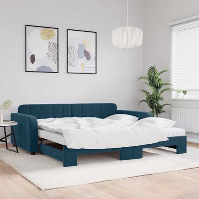 vidaXL Rozkladacia denná posteľ s matracmi modrá 100x200 cm zamat