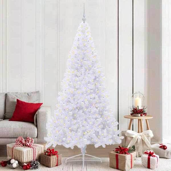 vidaXL Umelý vianočný stromček s 300 LED-i Biela 210 cm PVC a oceľ