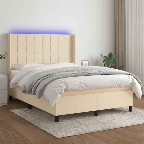 vidaXL Posteľ boxsping s matracom a LED krémová 140x200 cm látka