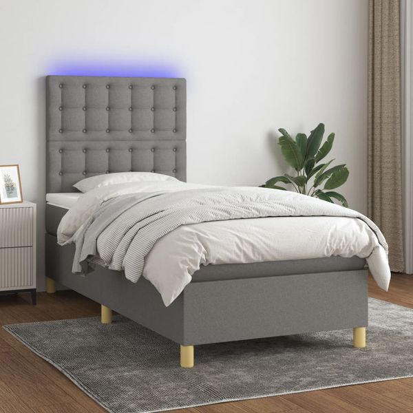 vidaXL Posteľ boxsping s matracom a LED tmavosivá 90x190 cm látka