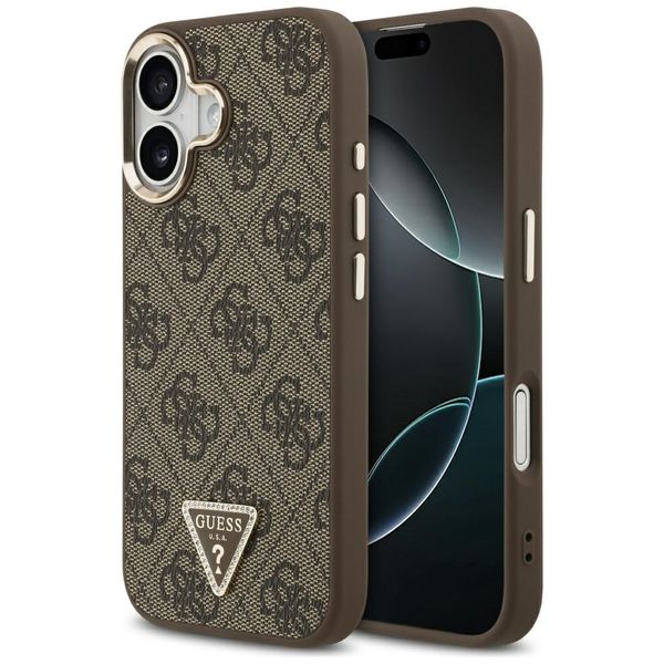 Guess Case Magsafe 4G PU kožené puzdro s trojuholníkovým logom a zlatým kovovým rámom fotoaparátu pre iPhone 17 Čierna