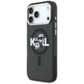 Puzdro Karl Lagerfeld Magsafe IML trblietavé s kovovým rámom fotoaparátu a tlačidlami s motívom Karl a Choupette pre iPhone 17 Pro Max čierne