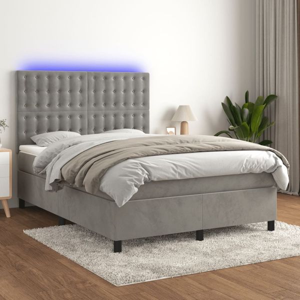 vidaXL Posteľ boxsping s matracom a LED bledosivá 140x200 cm zamat