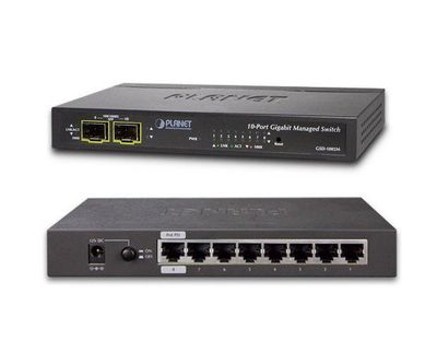 Planet GSD-1002M L2 switch, 8x1Gb, 2x1Gb SFP, 48-56VDC, fanless Switch, 8 x 10/100/1000 + 2 x 100/1000 Combo port, management, PoE napájení