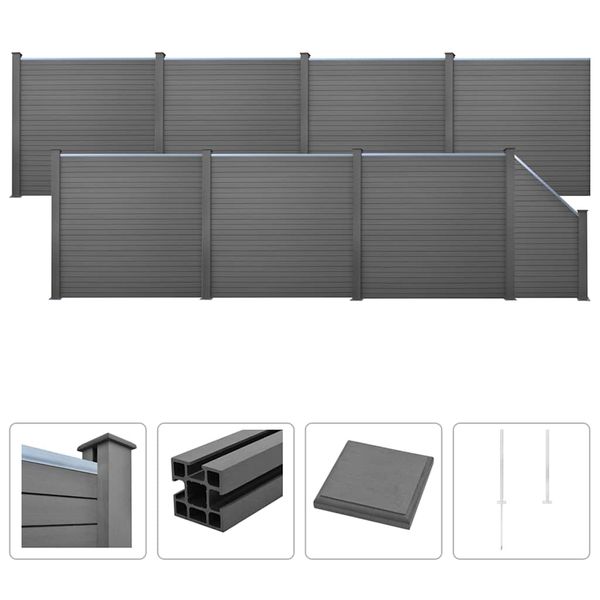 vidaXL Oplotenie 7 štvorcových 1 šikmý panel drevoplast 1321x187 cm sivé