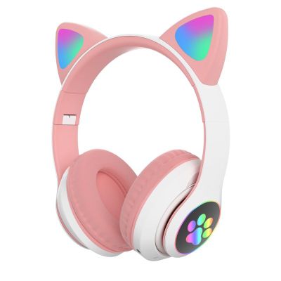 Bluetooth/led slúchadlá s mačacími ušami pre deti ružové