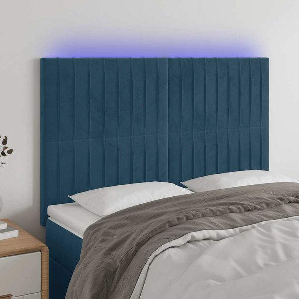 vidaXL Čelo postele s LED tmavomodré 144x5x118/128 cm zamat