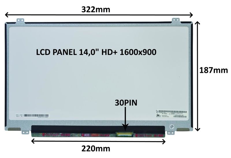 LCD PANEL 14,0'' HD+ 1600x900 30PIN MATNÝ / ÚCHYTY HORE A DOLE