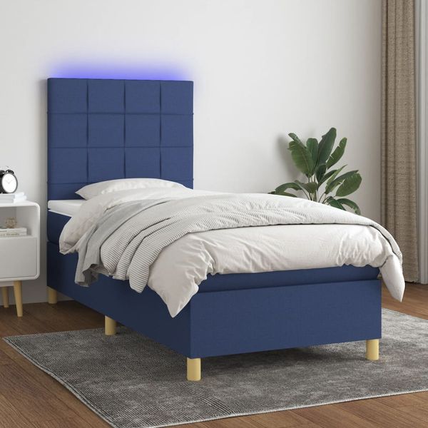 vidaXL Posteľ boxsping s matracom a LED modrá 90x200 cm látka