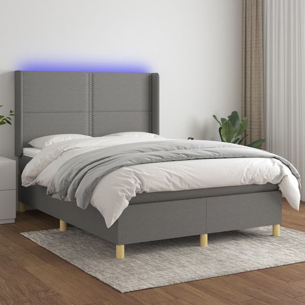 vidaXL Posteľ boxsping s matracom a LED tmavosivá 140x190 cm látka