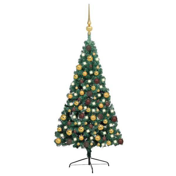 vidaXL Osvetlený umelý polovičný vianočný stromček+gule, zelený 180 cm