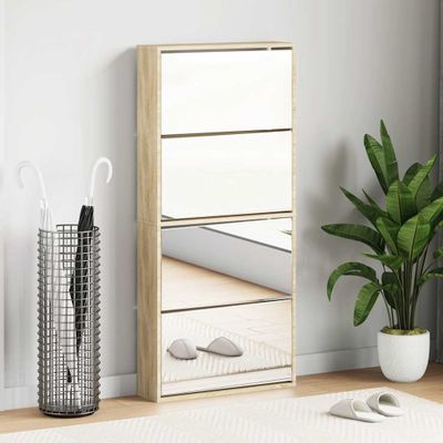vidaXL Botník so 4 zrkadlovými skrinkami, farba dubu, 63x17x134 cm