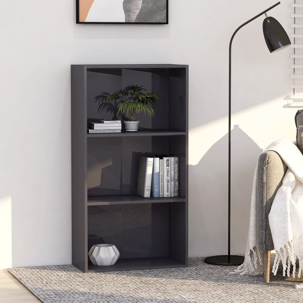 vidaXL Knižnica s 3 policami, lesklá sivá 60x30x114 cm, drevotrieska